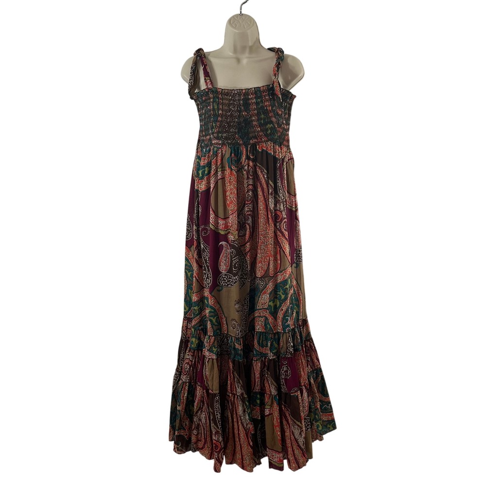 Bila Womens Cotton Paisley Smocked Tiered Maxi Dress Multicolor Size L NWT